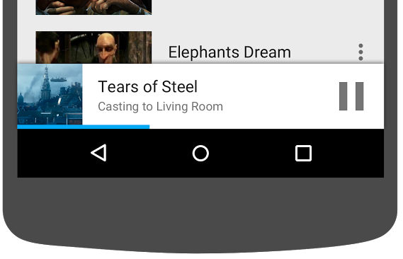 Illustration d'une partie inférieure d'un téléphone Android montrant le lecteur réduit dans l'application Cast Vidéos
