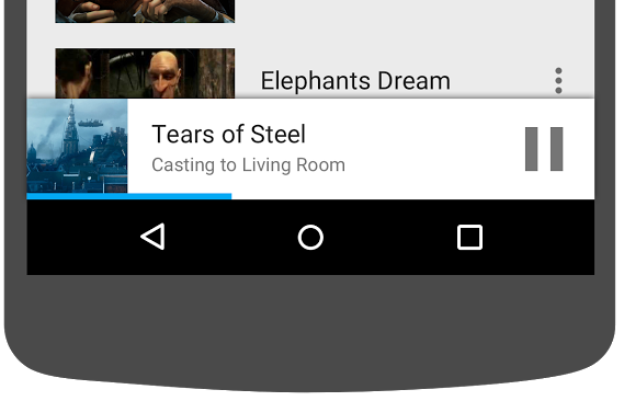 Ilustração da parte de baixo de um smartphone Android mostrando o miniplayer no app Cast Videos