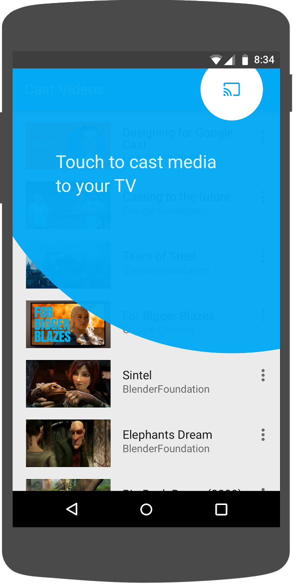 Ilustração mostrando a sobreposição introdutória do Google Cast ao redor do botão &quot;Transmitir&quot; no app Android Cast Videos