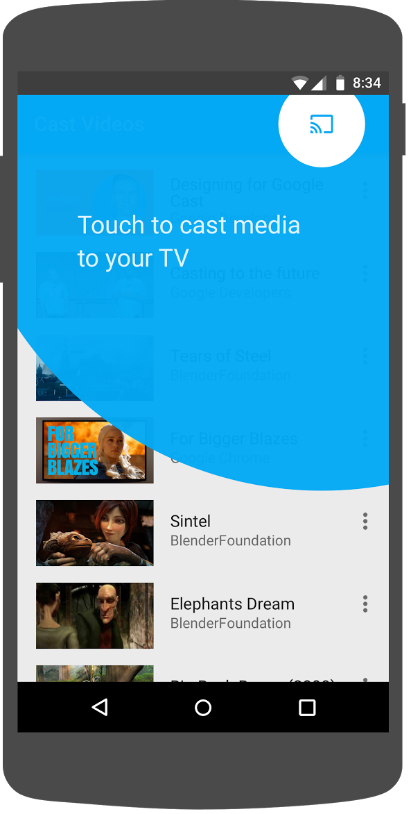 Illustrazione che mostra l&#39;overlay introduttivo di trasmissione attorno al pulsante Trasmetti nell&#39;app Trasmetti video per Android