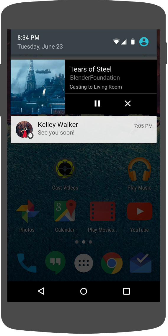 Illustration d&#39;un téléphone Android affichant les commandes multimédias dans la zone de notifications