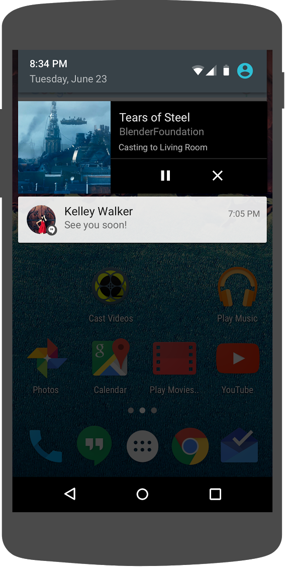 ภาพโทรศัพท์ Android แสดงตัวควบคุมสื่อในพื้นที่การแจ้งเตือน