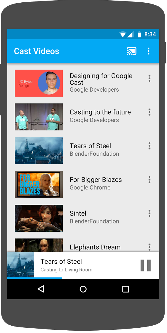 插图:一部 Android 手机正在运行“投放视频”应用,屏幕底部显示迷你控制器