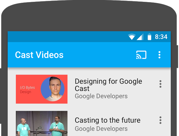 動画のキャスト アプリが実行されている Android スマートフォンの上部のイラスト画面の右上に表示されるキャスト アイコン