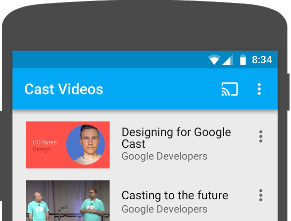 Illustration de la partie supérieure d&#39;un téléphone Android sur lequel l&#39;application Cast Video est en cours d&#39;exécution ; l&#39;icône Cast s&#39;affiche en haut à droite de l&#39;écran