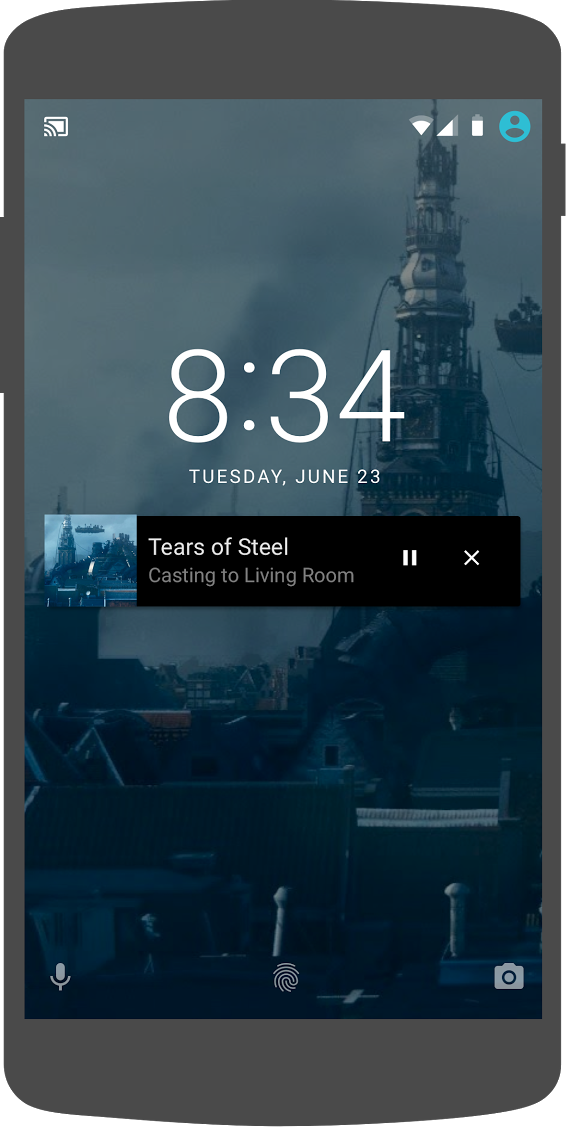 插圖：一支 Android 手機在螢幕鎖定畫面上顯示媒體控制項