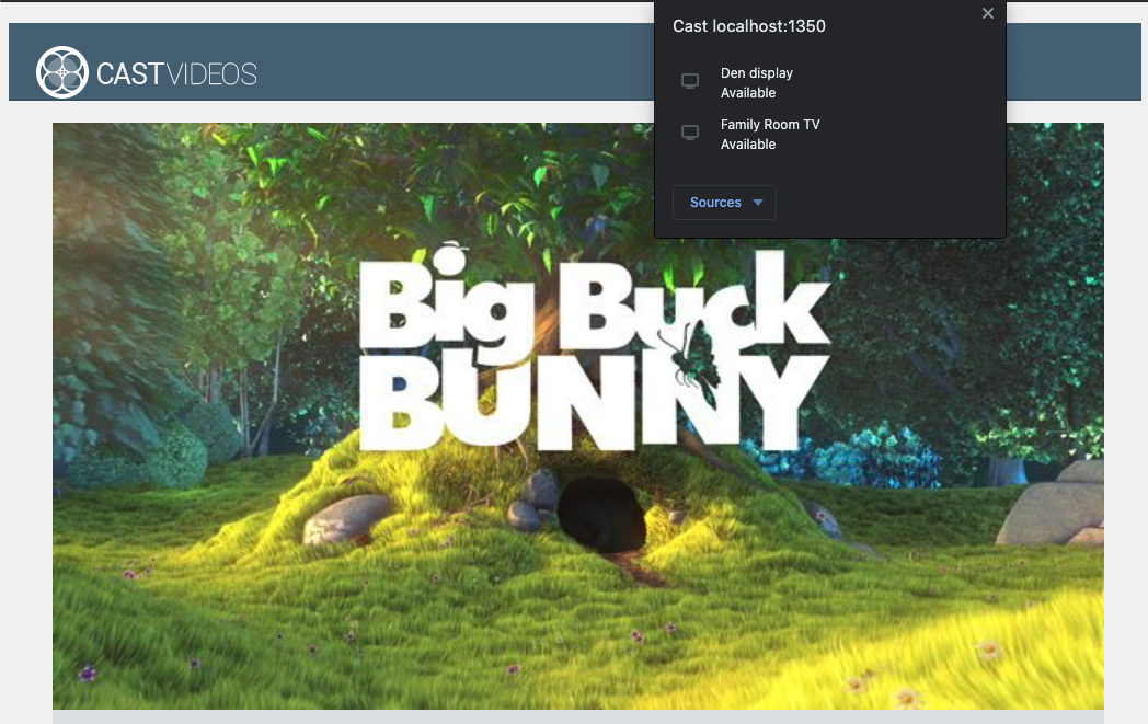 Image d'une application compatible Cast avec le menu de sélection de l'appareil Cast