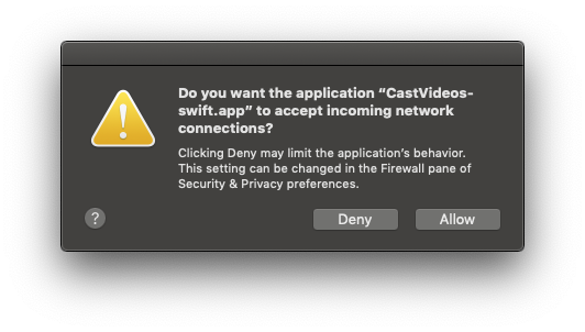 Boîte de dialogue de confirmation demandant l'autorisation d'accepter les connexions réseau entrantes
