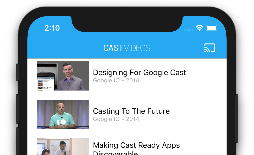 Ilustrasi sepertiga bagian atas iPhone yang menjalankan aplikasi CastVideos, yang menampilkan tombol Cast di pojok kanan atas