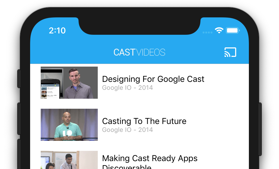 ภาพประกอบแสดงปุ่ม &quot;แคสต์&quot; ที่มุมบนขวาใน 3 ภาพของ iPhone ที่ใช้แอป CastVideos