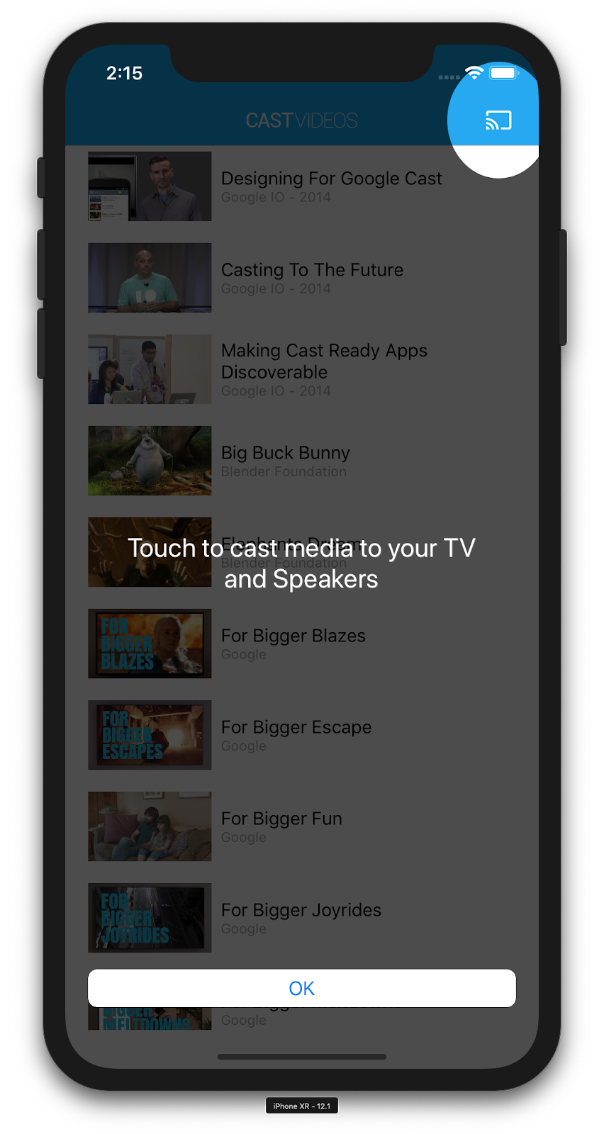 Ilustrasi iPhone yang menjalankan aplikasi CastVideos dengan overlay tombol Cast, yang menyoroti tombol Cast dan menampilkan pesan 'Sentuh untuk mentransmisikan media ke TV dan Speaker Anda'
