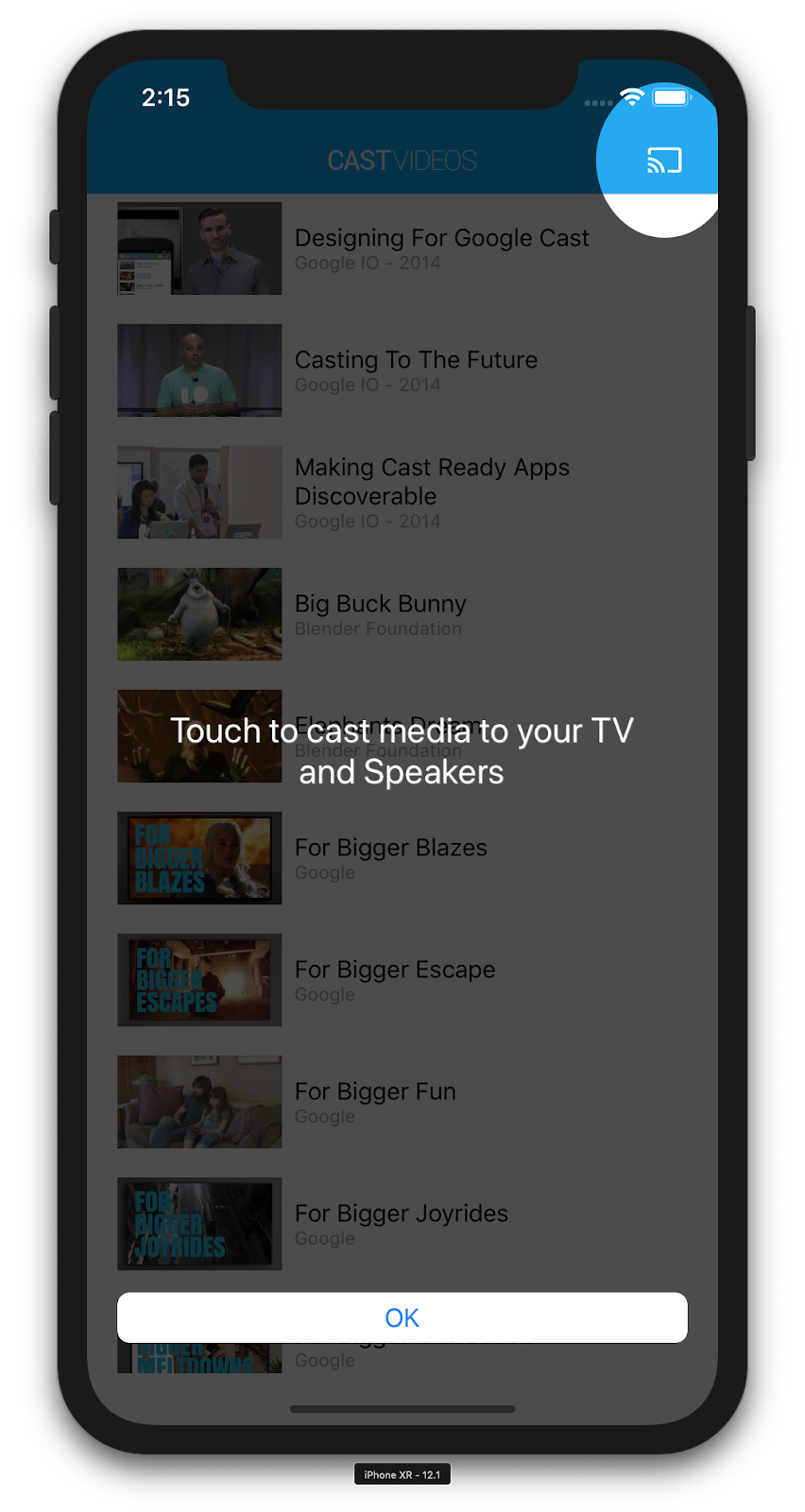 キャスト アイコンがハイライトされ、キャスト アイコンがハイライトされ、「タップしてテレビとスピーカーにメディアをキャストする」というメッセージが表示されている CastVideos アプリを実行している iPhone のイラスト