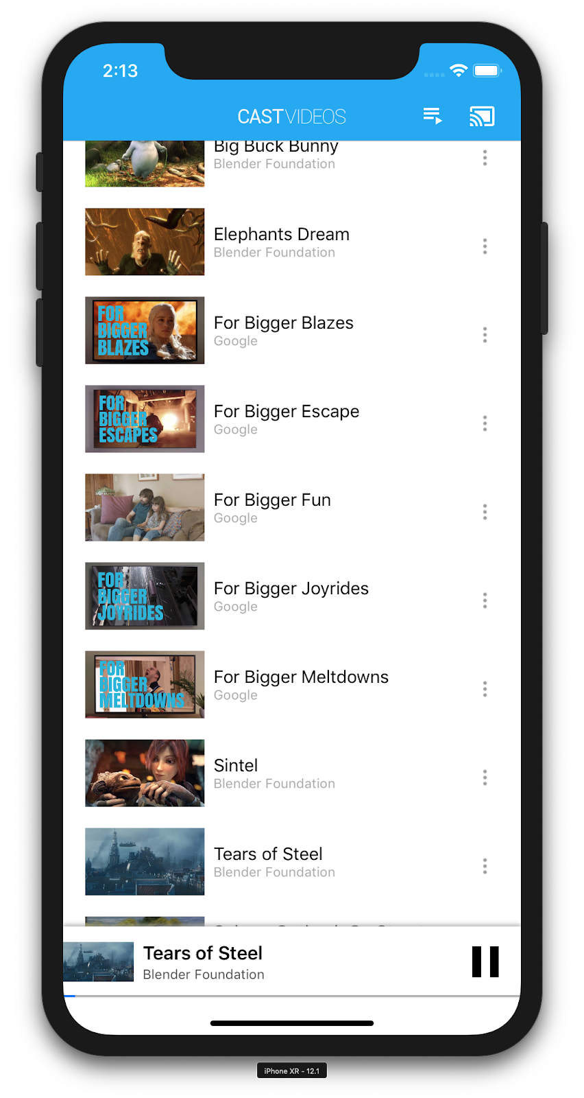 رسم توضيحي لهاتف iPhone يشغّل تطبيق CastVideos مع ظهور وحدة التحكّم المصغّرة في أسفل الشاشة