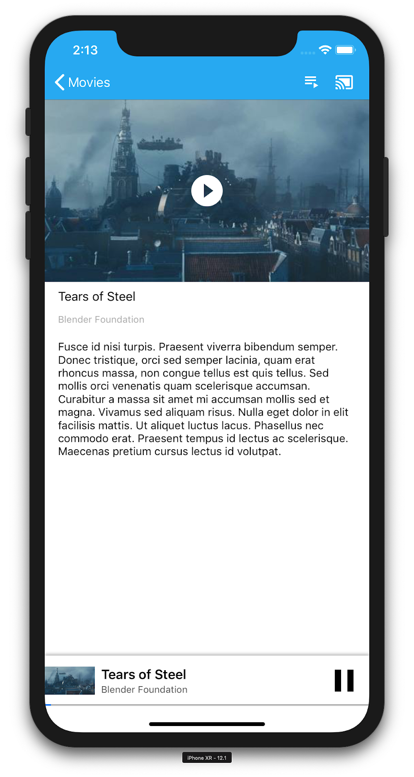 Grafika przedstawiająca iPhone&#39;a z aplikacją Castvideos, która przedstawia szczegóły konkretnego filmu („Tears of Steel”). Na dole znajduje się miniodtwarzacz