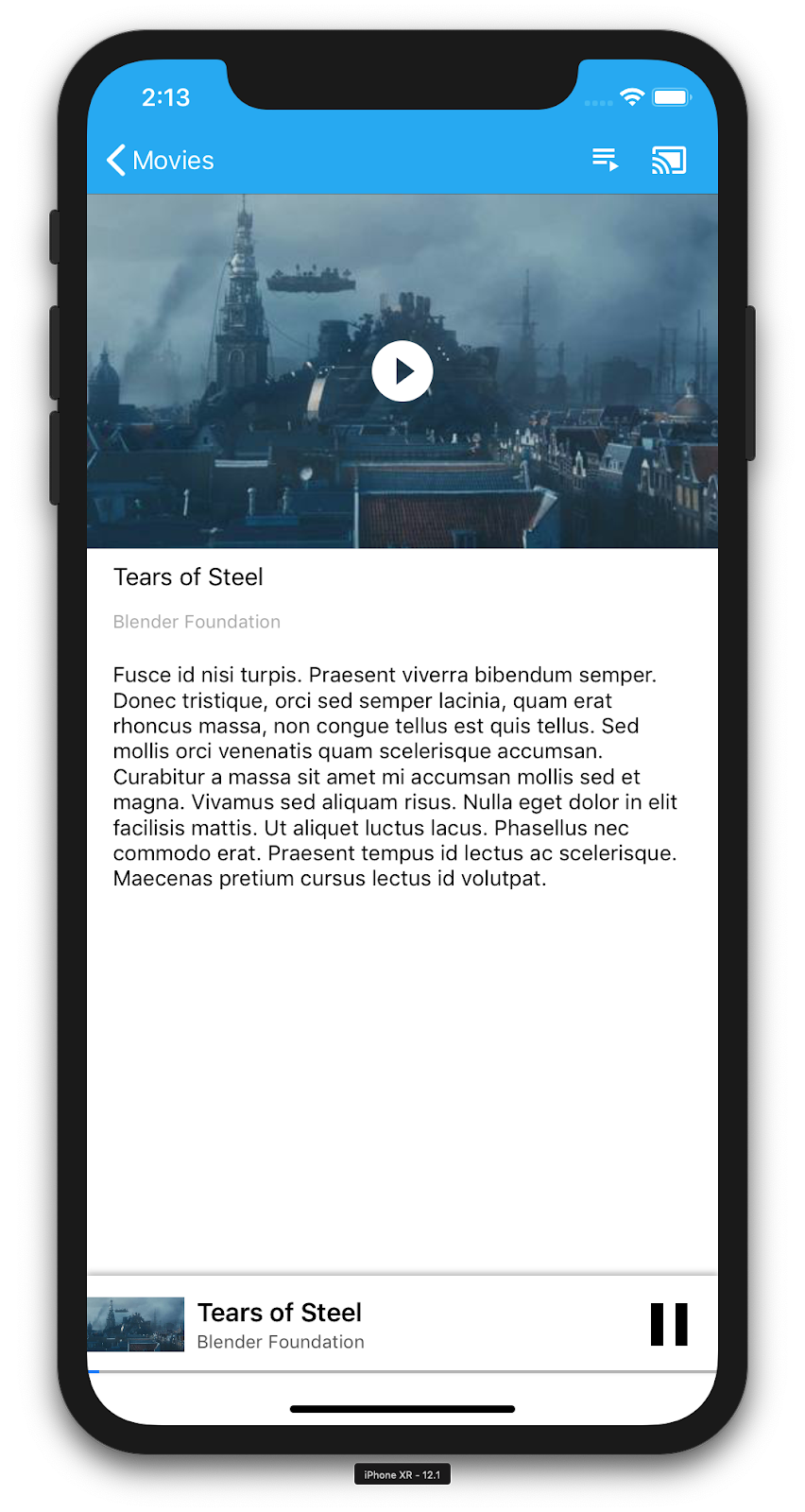 插圖顯示 iPhone 上執行的 CastVideo 應用程式，其中顯示特定影片的詳細資料 (##39;Tears of Steel&#39;)。底部的迷你播放器