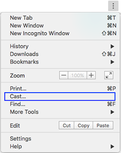 Menu do Google Chrome mostrando o item "Transmitir" em destaque