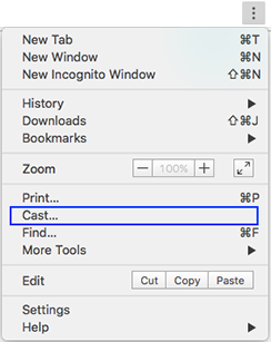 منوی Chrome که مورد Cast را برجسته‌شده نشان می‌دهد