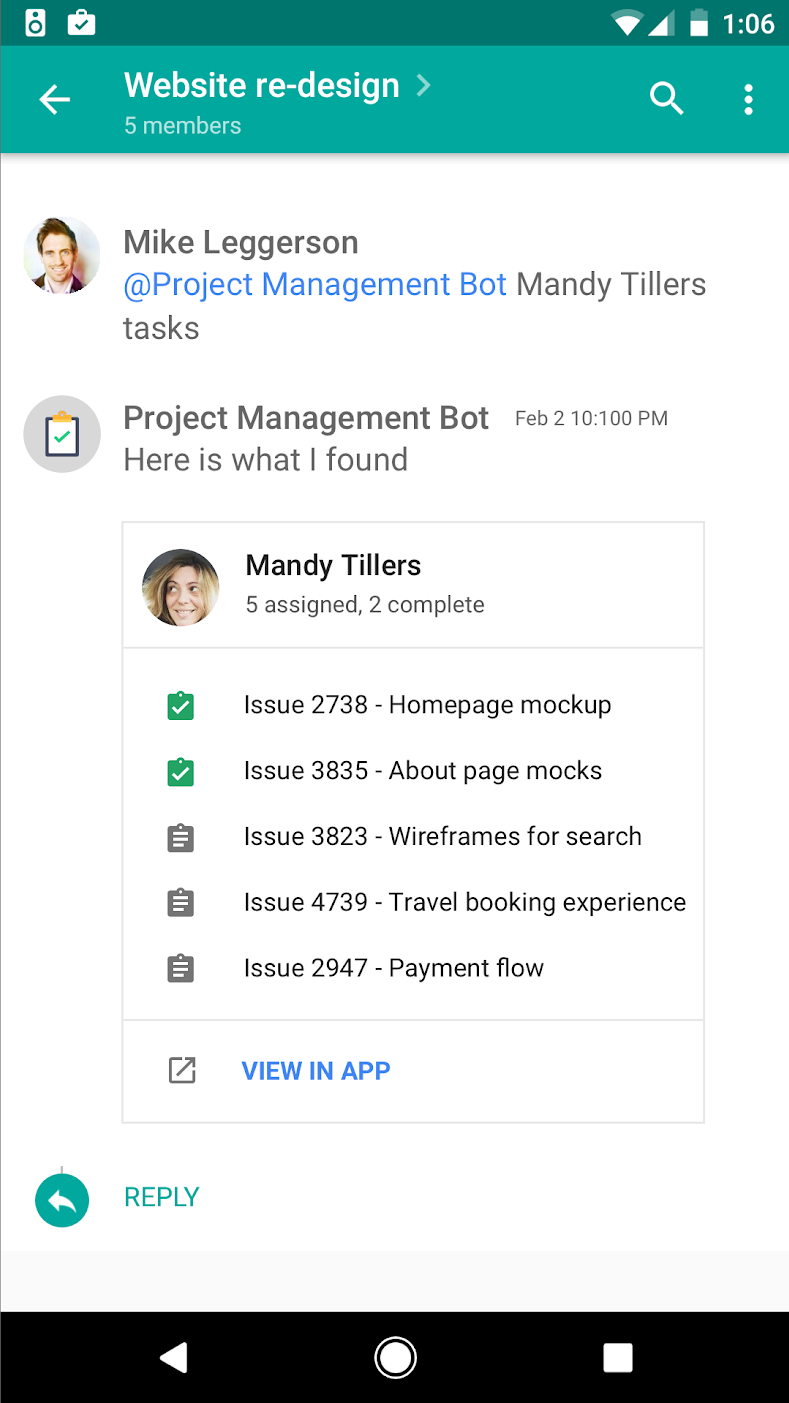 La app de administración de proyectos muestra una lista de tareas a un usuario en un mensaje directo.