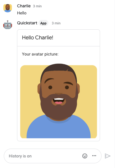 Aplikasi chat merespons dengan kartu yang menampilkan nama tampilan pengirim dan gambar avatar