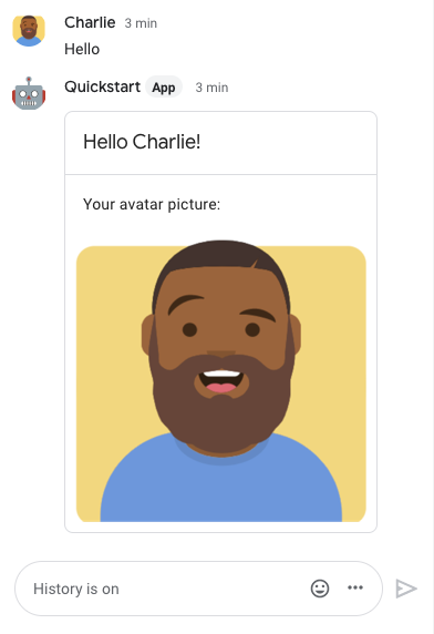 L&#39;application Chat répond avec une fiche présentant le nom à afficher et l&#39;avatar de l&#39;expéditeur
image