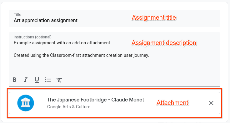 View of the assignment creation dialog with attachment cards