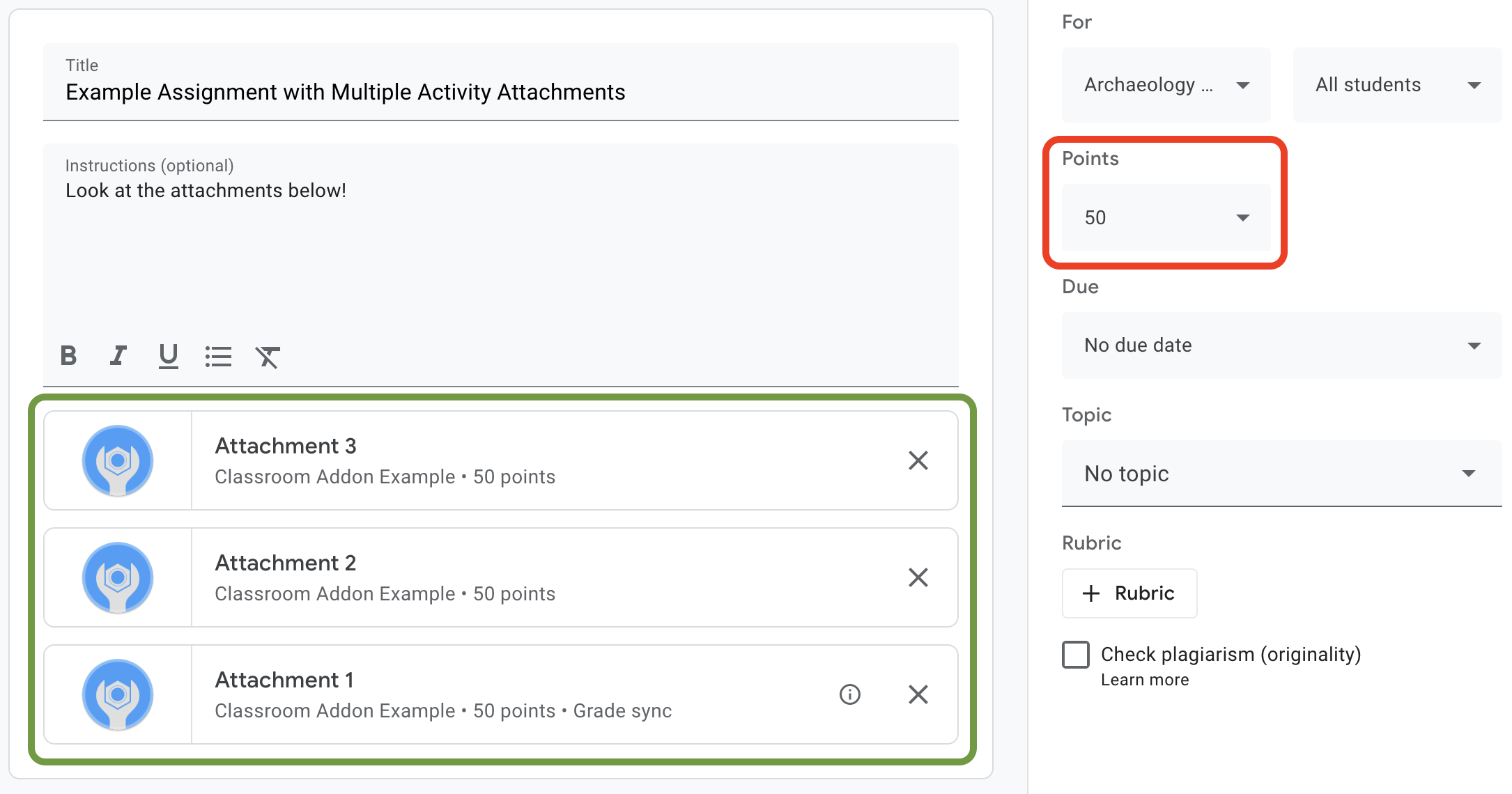 Example of multiple attachments with maxPoints on one
assignment