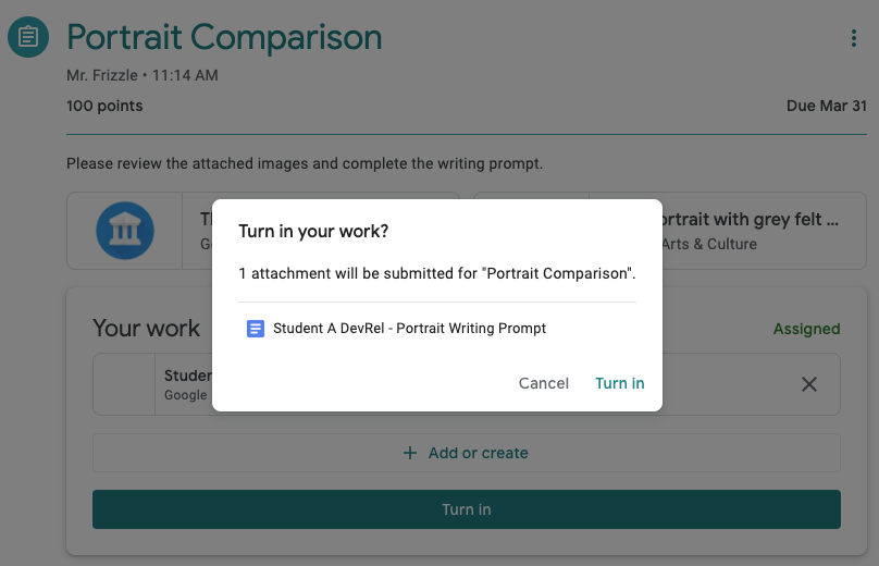 Add-on attachments listed in the turn-in confirmation dialog