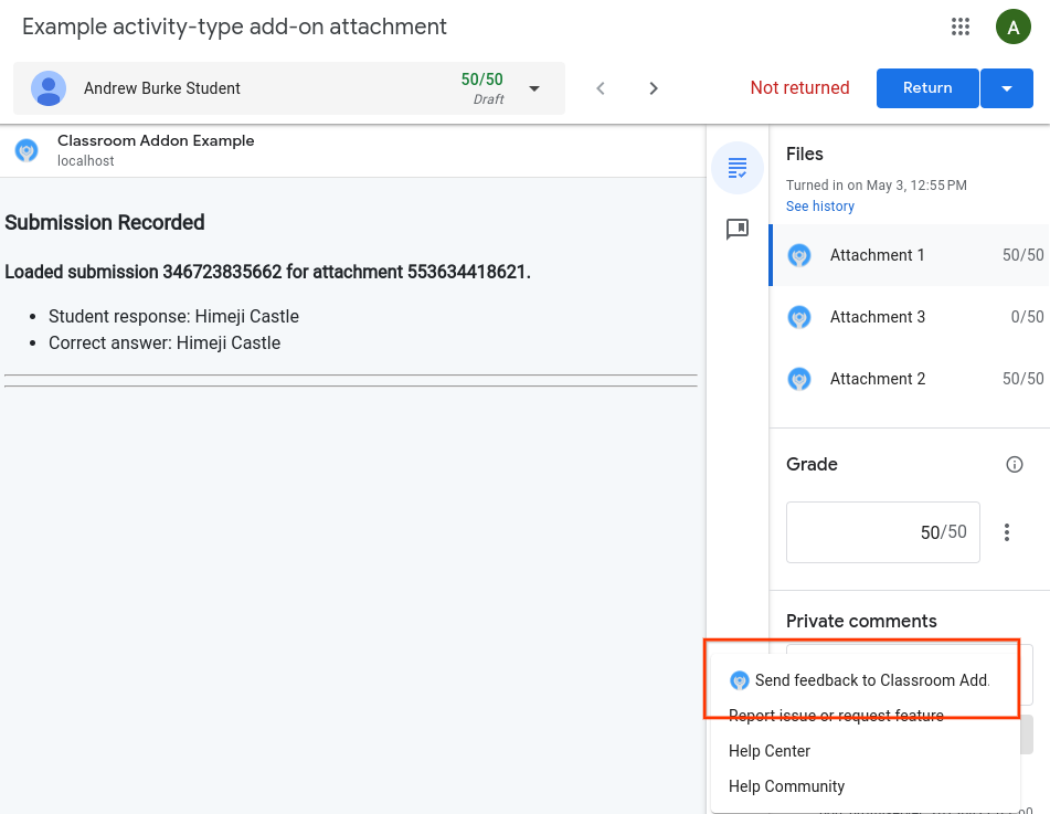 Link de feedback no iframe de avaliação do trabalho do estudante