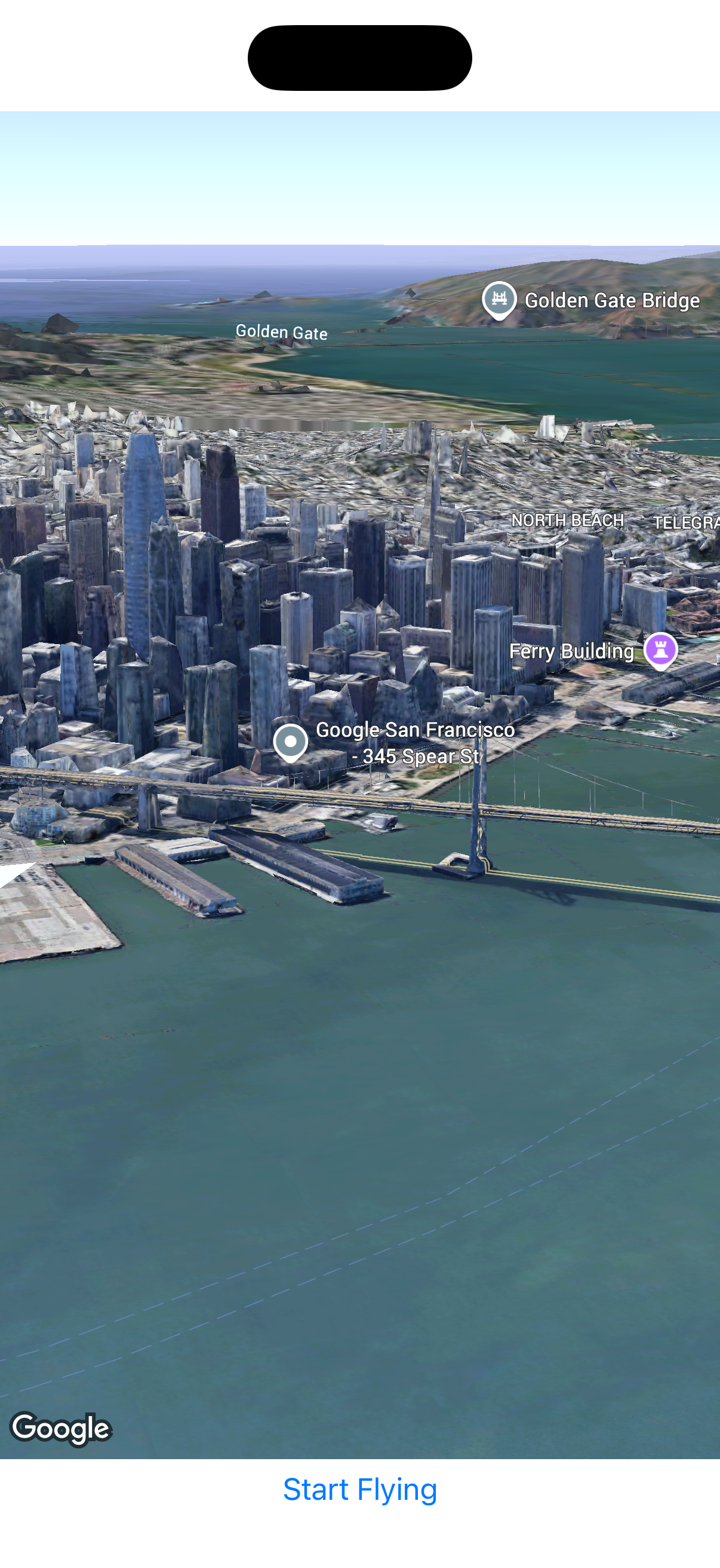 Application affichant une carte 3D de San Francisco