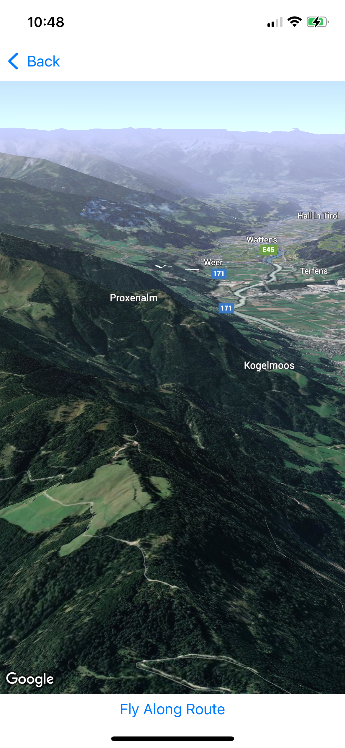 Vista de mapa en 3D del acercamiento a Innsbruck