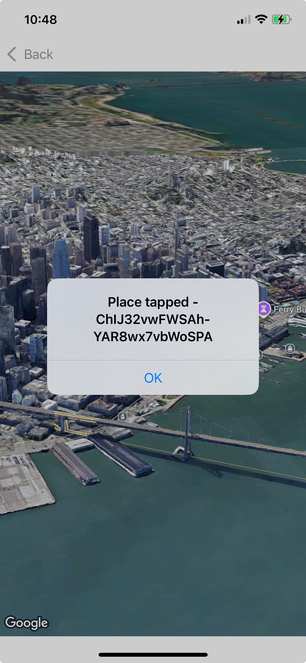 Mapa mostrando uma janela pop-up com um ID de lugar