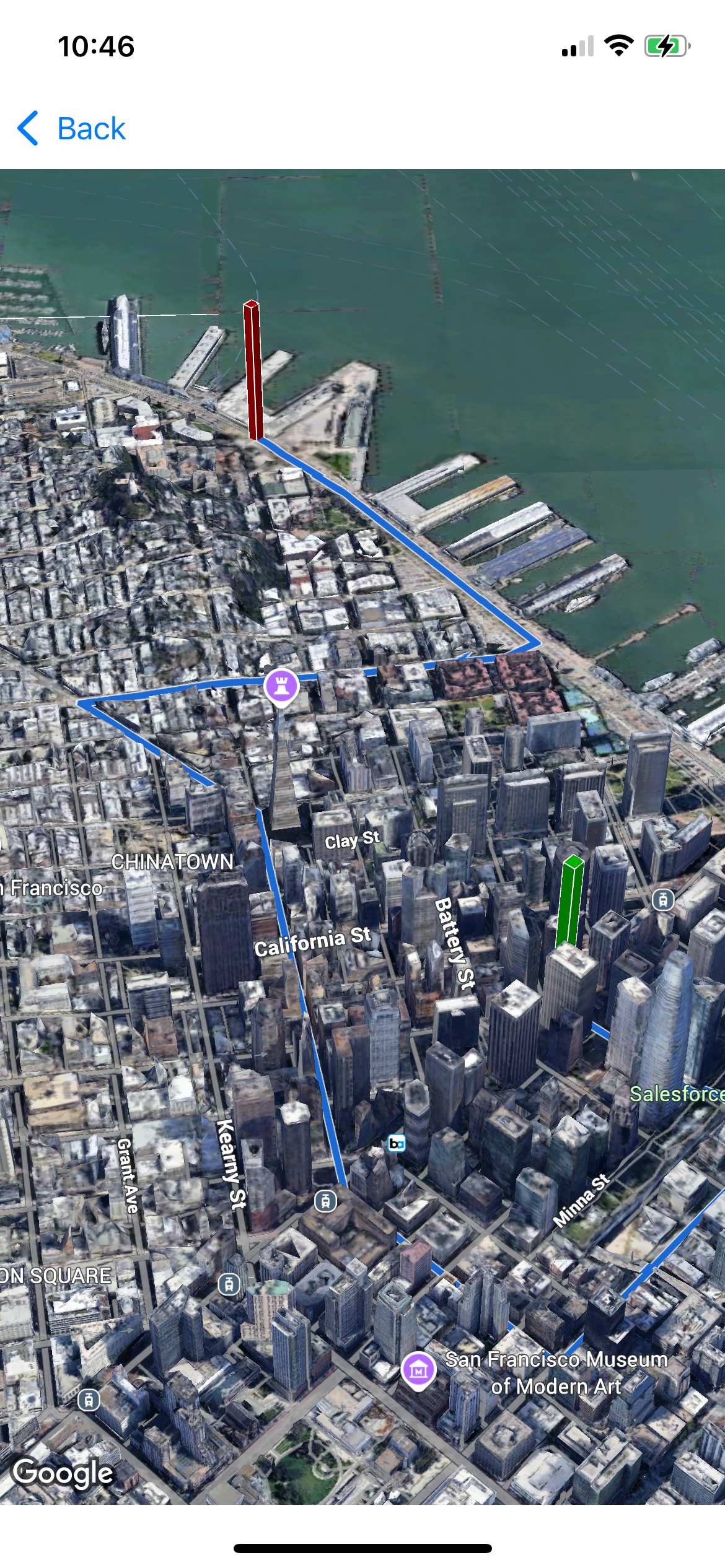 旧金山的 3D 地图,显示了两个多边形和一条多段线
