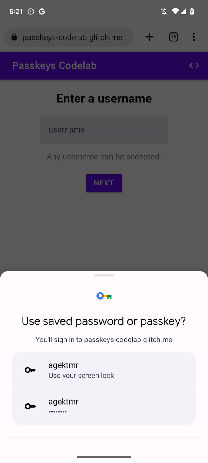 A passkey suggested as part of form autofill.