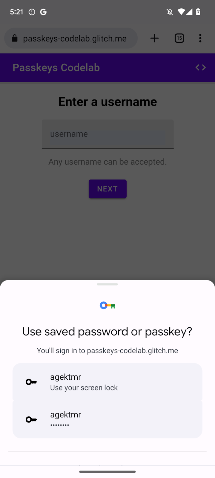 Ein Passkey, der im Rahmen des automatischen Ausfüllens von Formularen vorgeschlagen wird.