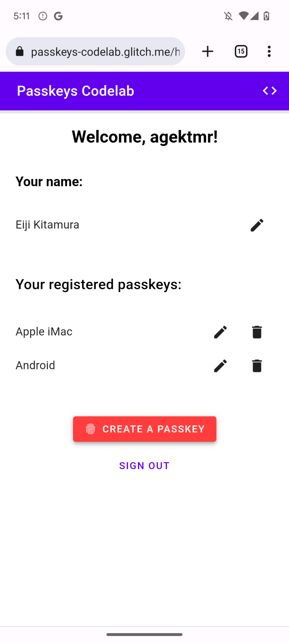 Registered passkeys listed on the /home page.