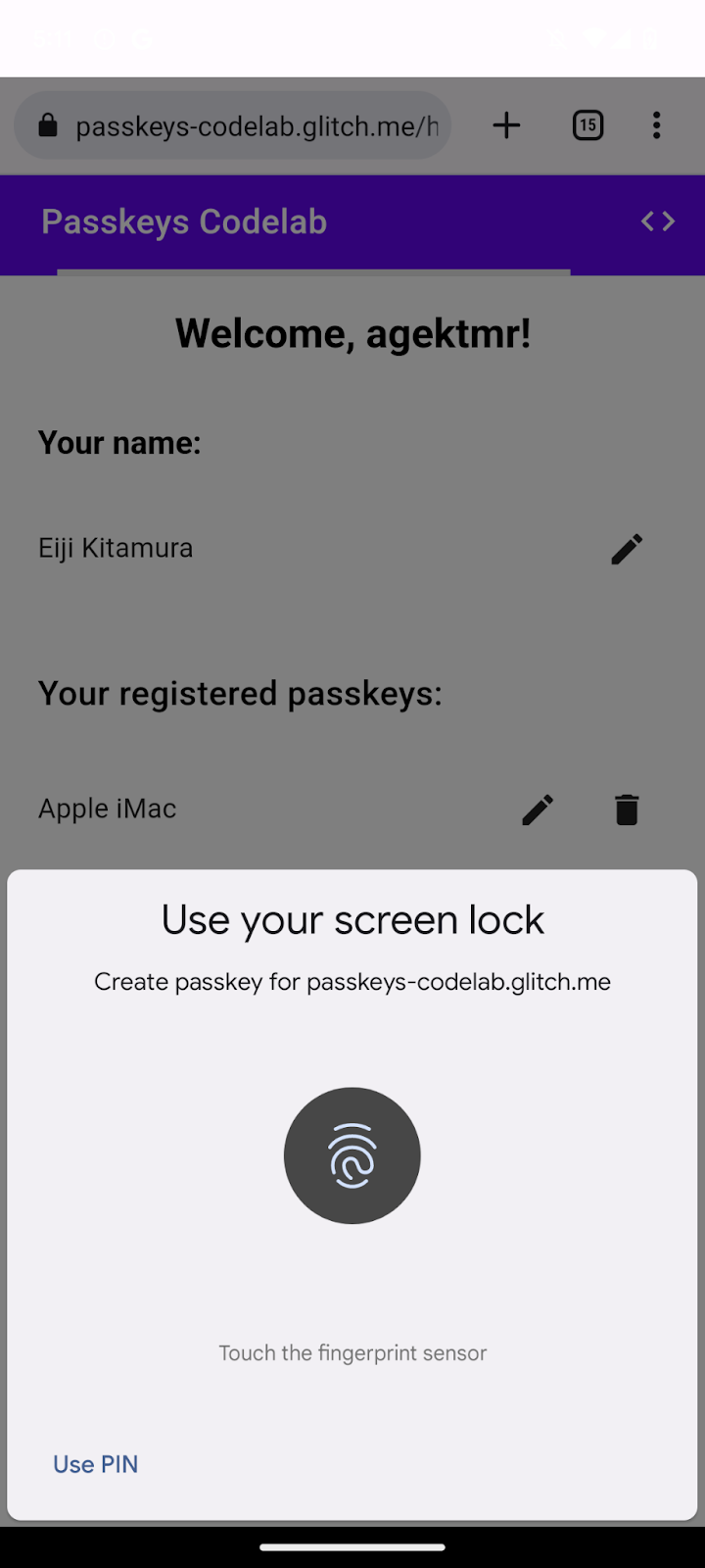 Une boîte de dialogue de validation de l'utilisateur de la clé d'accès s'affiche lors de la création de la clé d'accès.