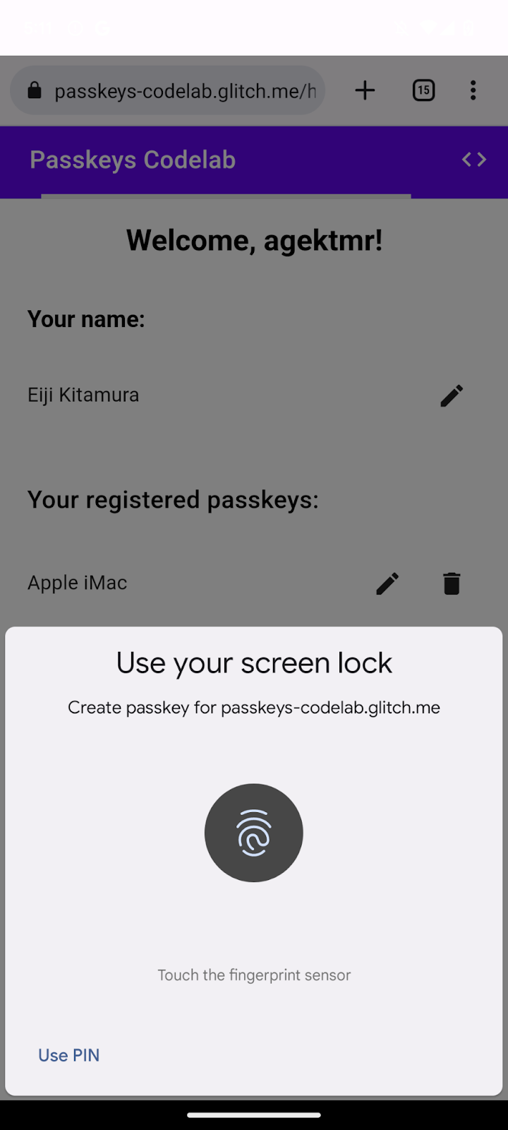 Al momento della creazione della passkey, viene visualizzata una finestra di dialogo di verifica dell&#39;utente.