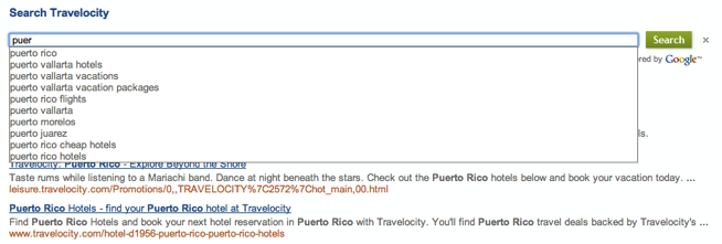 Typing "p-u-e-r" in a Programmable Search Engine for a travel site brings up a drop-down list with options for "puerto rico", "puerto vallarta hotels", "puerto vallarta vacations" and so on. 