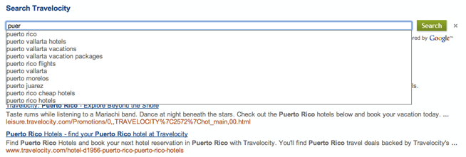 تؤدي كتابة p-u-e-r في "محرك بحث مبرمَج" لموقع سفر إلى ظهور قائمة منسدلة تحتوي على خيارات لفنادق "بورتو ريكو" و"بورتو فالارتا" وعطلات "بورتو فالارتا" وما إلى ذلك.