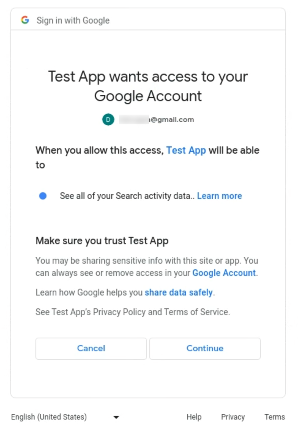 หน้าจอขอความยินยอมที่ผู้ใช้ยินยอมให้เข้าถึงข้อมูลกิจกรรมการค้นหา