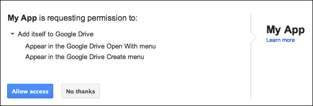Caixa de diálogo de instalação da IU do Google Drive.