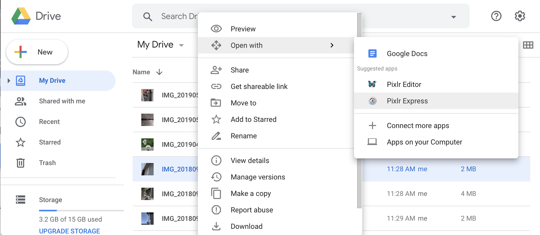 IU de Google Drive abierta con un elemento de menú