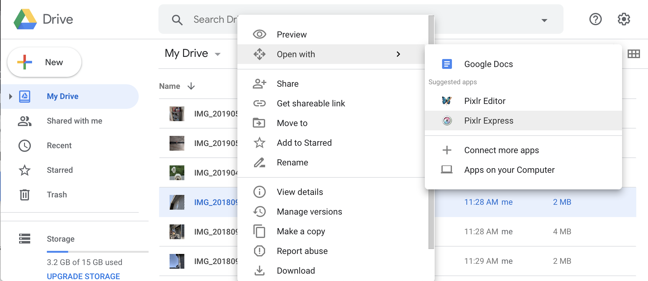 Google Drive kullanıcı arayüzünde menü öğesi açık