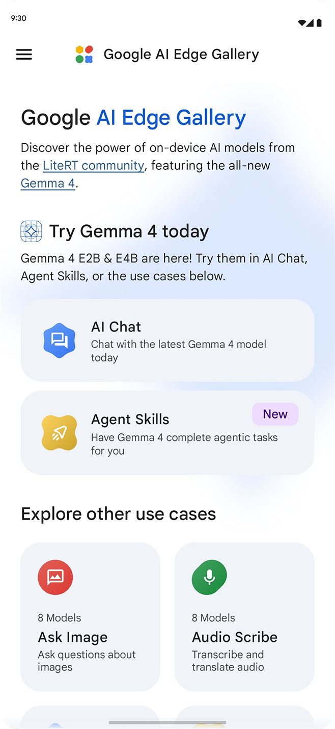 A phone screen displaying the Google AI Edge Gallery app home.