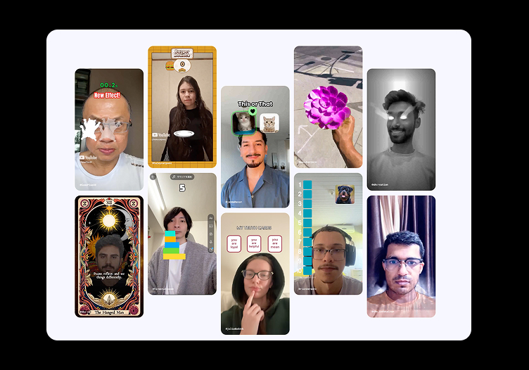 A grid of YouTube Shorts videos showing creators using various AR effects and filters.