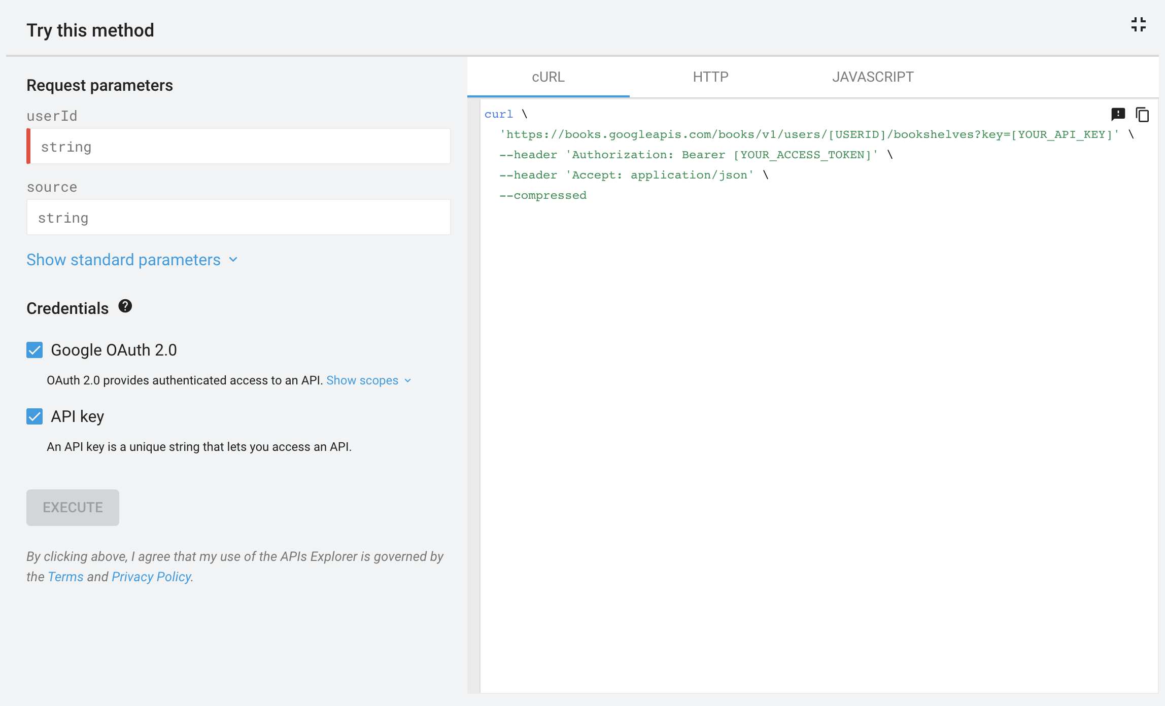 Riquadro a schermo intero dell'Explorer API per l'API Google Libri