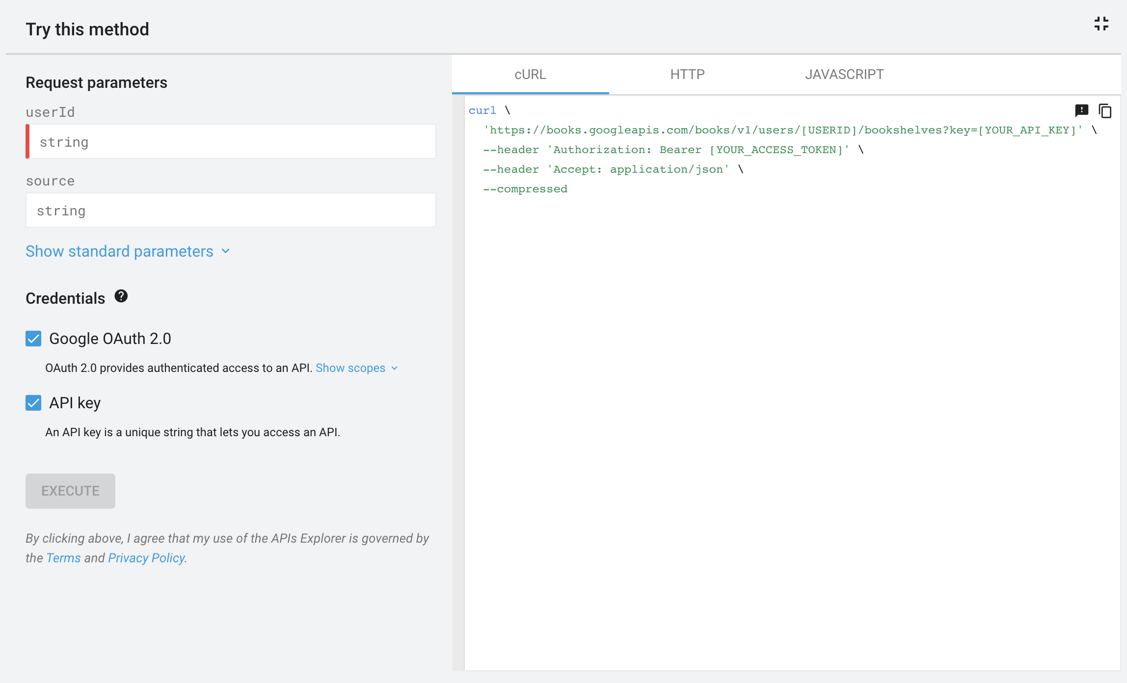 Painel de tela cheia do APIs Explorer para a API Google Books