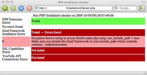 captura de pantalla de salida del verificador de instalación de php