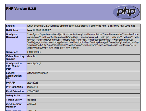 captura de tela da página de informações do php