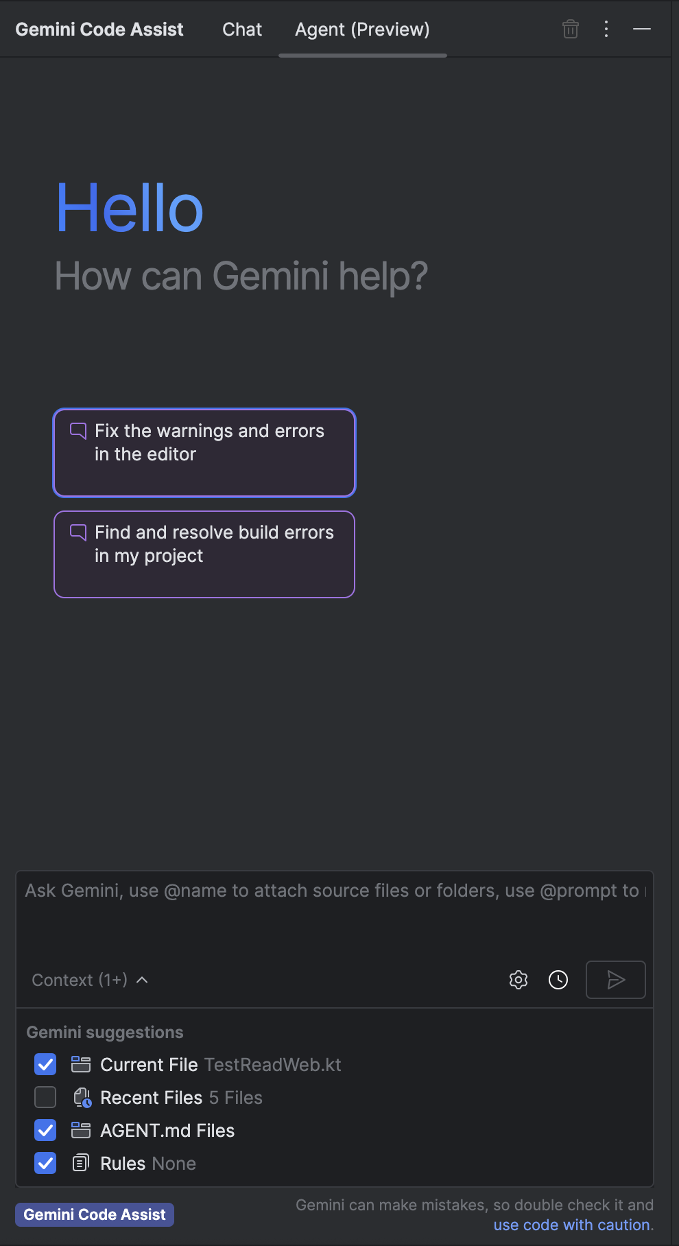 Agent mode context drawer.